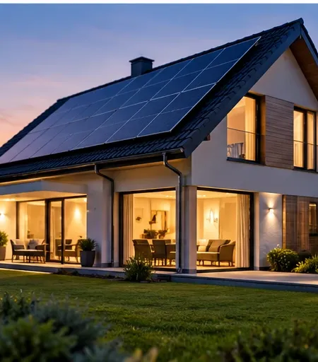 Modern villa i skymningen med svarta solpaneler på taket och tänd belysning i stora fönster mot trädgården.