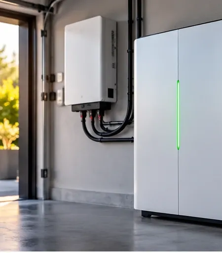 Ett vitt batterilager och en växelriktare monterade på väggen i ett garage med öppen port.